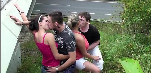  Cum on Krystal Swift big tits in public with 2 guys and another girl